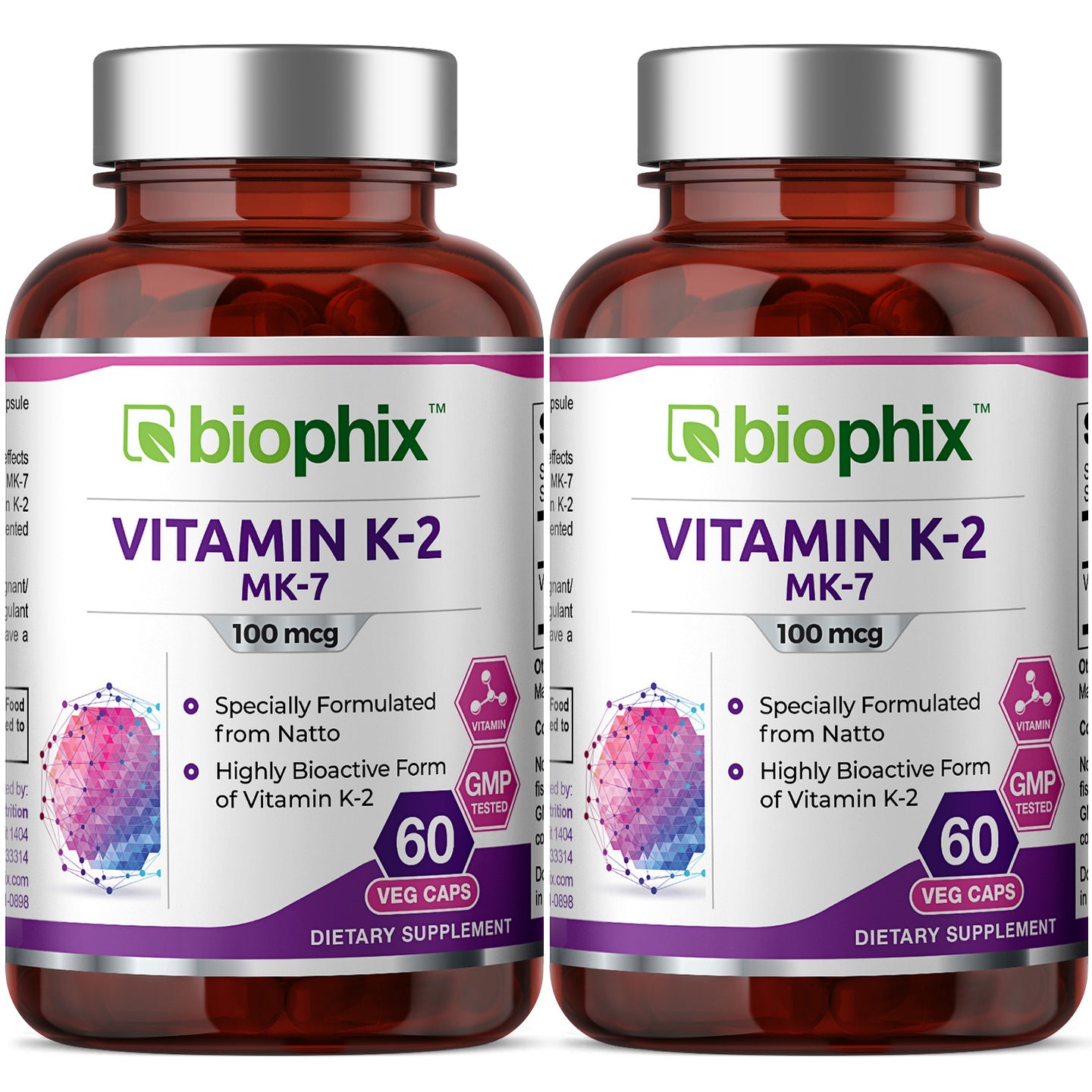 Vitamin K2 MK-7 High-Potency 100 mcg 60 Vegetarian Capsules - 2 Pack