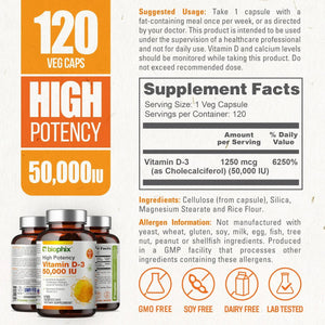 Vitamin D-3 50000 IU High-Potency 120 Vegetarian Capsules biophix