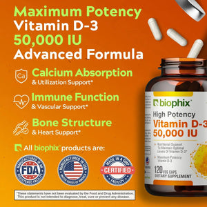 Vitamin D-3 50000 IU High-Potency 120 Vegetarian Capsules biophix