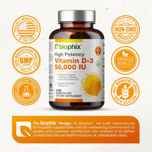 Load image into Gallery viewer, Vitamin D-3 50000 IU High-Potency 120 Vegetarian Capsules biophix
