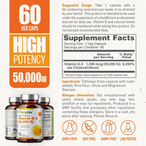 Vitamin D-3 50000 IU High-Potency 60 Vegetarian Capsules biophix