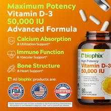Load image into Gallery viewer, Vitamin D-3 50000 IU High-Potency 60 Vegetarian Capsules biophix