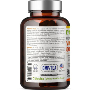 Vitamin D-3 50000 IU High-Potency 60 Vegetarian Capsules biophix