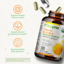 Load image into Gallery viewer, biophix Organic Vitamin D-3 K2 Turmeric 180 Vegetarian Capsules