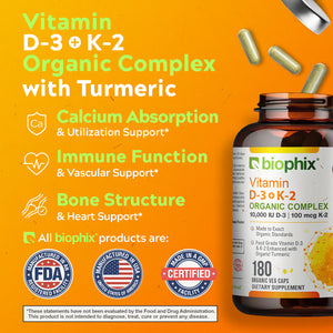 biophix Organic Vitamin D-3 K2 Turmeric 180 Vegetarian Capsules