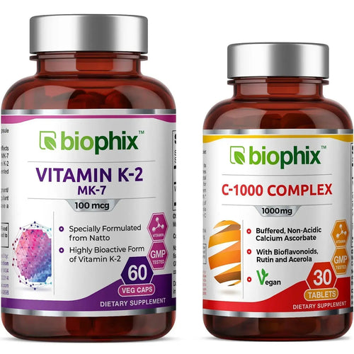 Vitamin K2 MK-7 High-Potency 100 mcg 60 Vcaps - Free Vitamin C-1000 30 Tablets biophix