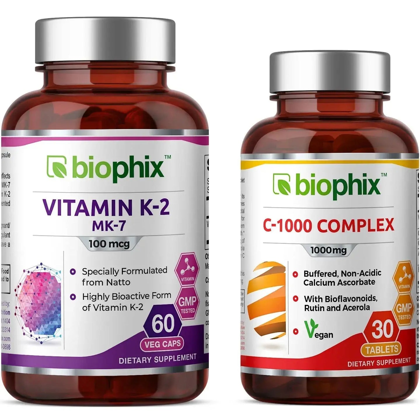 Vitamin K2 MK-7 High-Potency 100 mcg 60 Vcaps - Free Vitamin C-1000 30 Tablets biophix