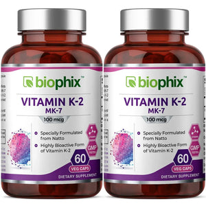 Vitamin K2 MK-7 High-Potency 100 mcg 60 Vegetarian Capsules - 2 Pack biophix
