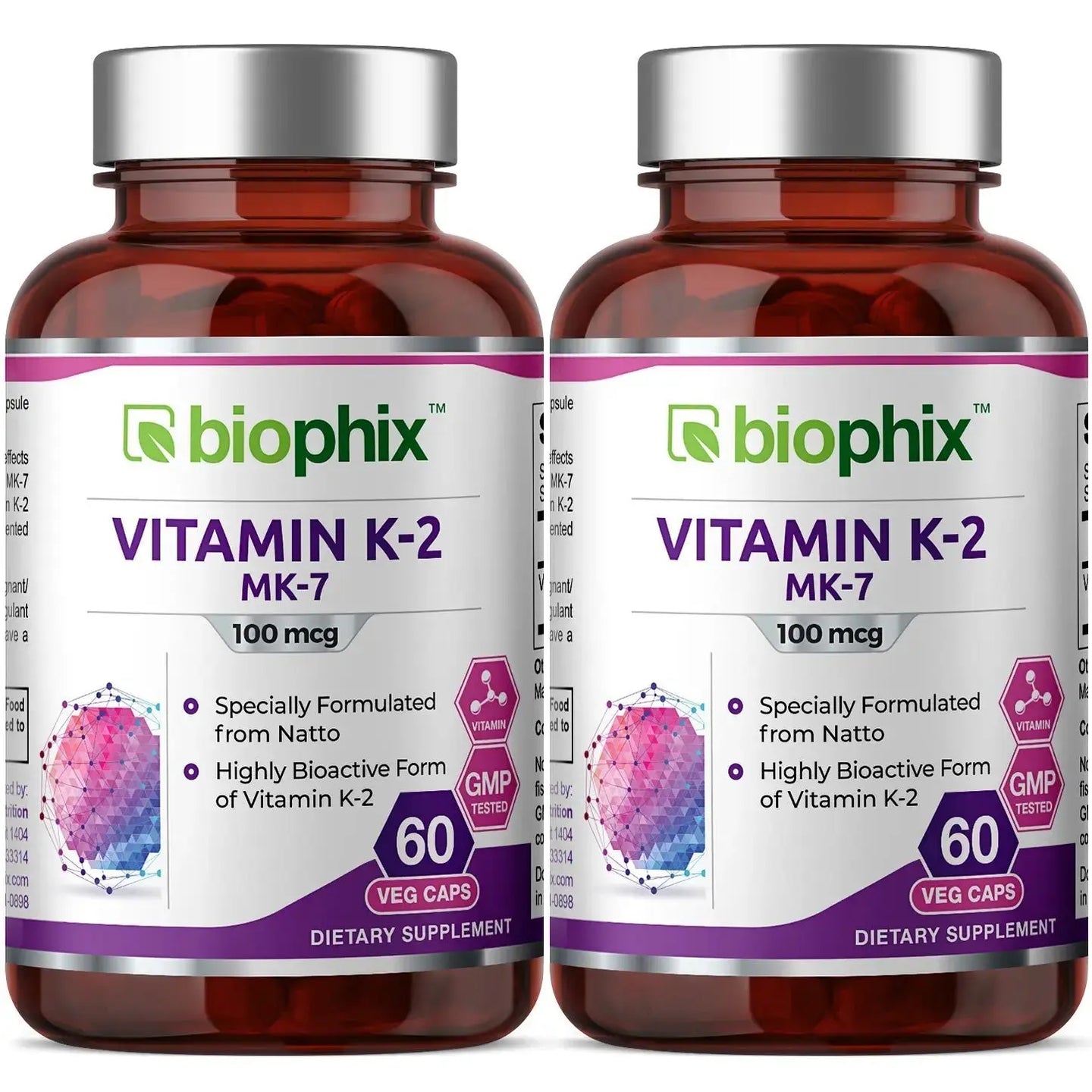 Vitamin K2 MK-7 High-Potency 100 mcg 60 Vegetarian Capsules - 2 Pack biophix