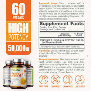 Vitamin D-3 50000 IU High-Potency 60 Vegetarian Capsules