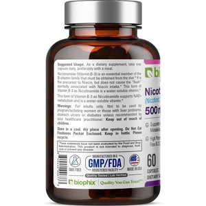 biophix B-3 Nicotinamide 500 mg 60 Caps - Nicotinic Amide Niacin Supports Skin Cell Health Biophix