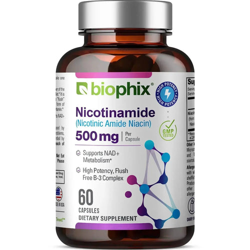 biophix B-3 Nicotinamide 500 mg 60 Caps - Nicotinic Amide Niacin Supports Skin Cell Health Biophix