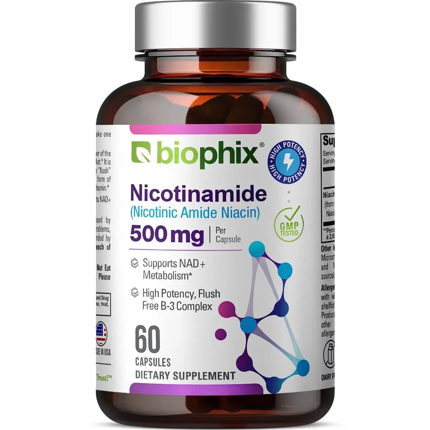 biophix B-3 Nicotinamide 500 mg 60 Caps - Nicotinic Amide Niacin Supports Skin Cell Health Biophix