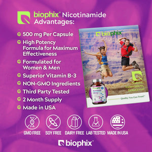 biophix B-3 Nicotinamide 500 mg 60 Caps - Nicotinic Amide Niacin Supports Skin Cell Health