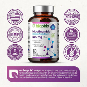 biophix B-3 Nicotinamide 500 mg 60 Caps - Nicotinic Amide Niacin Supports Skin Cell Health Biophix