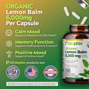 Biophix Lemon Balm USDA Organic 20:1 Extract 300 mg 200 Veggie Caps - Soothing Relaxation Positive Mood Support biophix