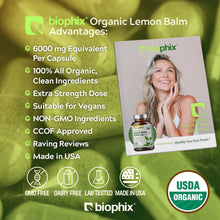 Load image into Gallery viewer, Biophix Lemon Balm USDA Organic 20:1 Extract 300 mg 200 Veggie Caps - Soothing Relaxation Positive Mood Support biophix