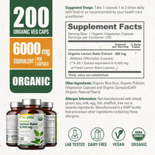 Load image into Gallery viewer, Biophix Lemon Balm USDA Organic 20:1 Extract 300 mg 200 Veggie Caps - Soothing Relaxation Positive Mood Support biophix