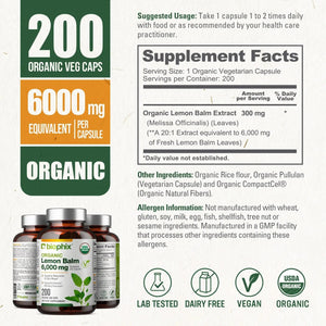 Biophix Lemon Balm USDA Organic 20:1 Extract 300 mg 200 Veggie Caps - Soothing Relaxation Positive Mood Support biophix
