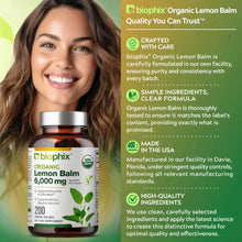 Load image into Gallery viewer, Biophix Lemon Balm USDA Organic 20:1 Extract 300 mg 200 Veggie Caps - Soothing Relaxation Positive Mood Support biophix