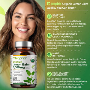 Biophix Lemon Balm USDA Organic 20:1 Extract 300 mg 200 Veggie Caps - Soothing Relaxation Positive Mood Support biophix