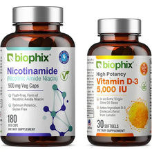 Load image into Gallery viewer, biophix Nicotinamide 500 mg 180 Vegetarian Capsules with Free Vitamin D-3 5000 IU 30 Softgels biophix