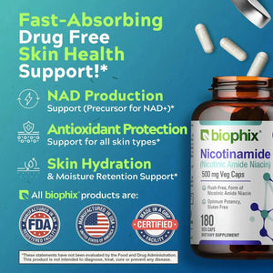 Biophix Nicotinamide 500 mg 180 Vegetarian Capsules - B3 Skin Antioxidants Detoxification Immune Support