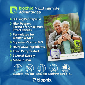 Biophix Nicotinamide 500 mg 180 Vegetarian Capsules - B3 Skin Antioxidants Detoxification Immune Support