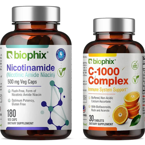 biophix Nicotinamide 500 mg 180 Vegetarian Capsules with Free Vitamin C-1000 30 Tablets biophix