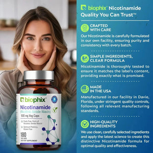 Biophix Nicotinamide 500 mg 180 Vegetarian Capsules - B3 Skin Antioxidants Detoxification Immune Support