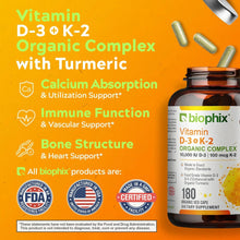 Load image into Gallery viewer, biophix Organic Vitamin D-3 K2 Turmeric 180 Vegetarian Capsules