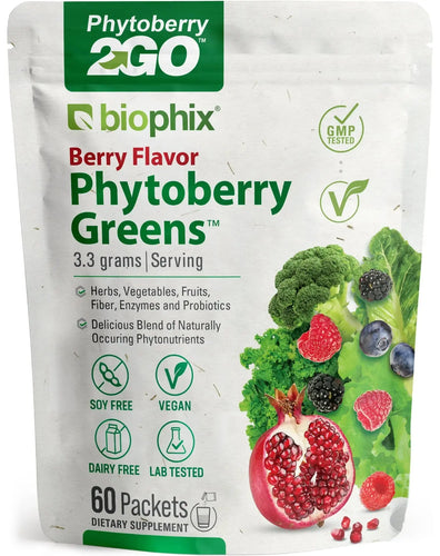 Biophix Phytoberry2GO Greens Superfood Powder 60 Packets - Natural Berry Flavor Antioxidant-Rich Superfood Drink