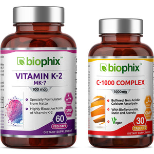 Vitamin K-2 MK-7 100 mcg High-Potency 60 Vegetarian Capsules with Free Vitamin C-1000 30 Tablets